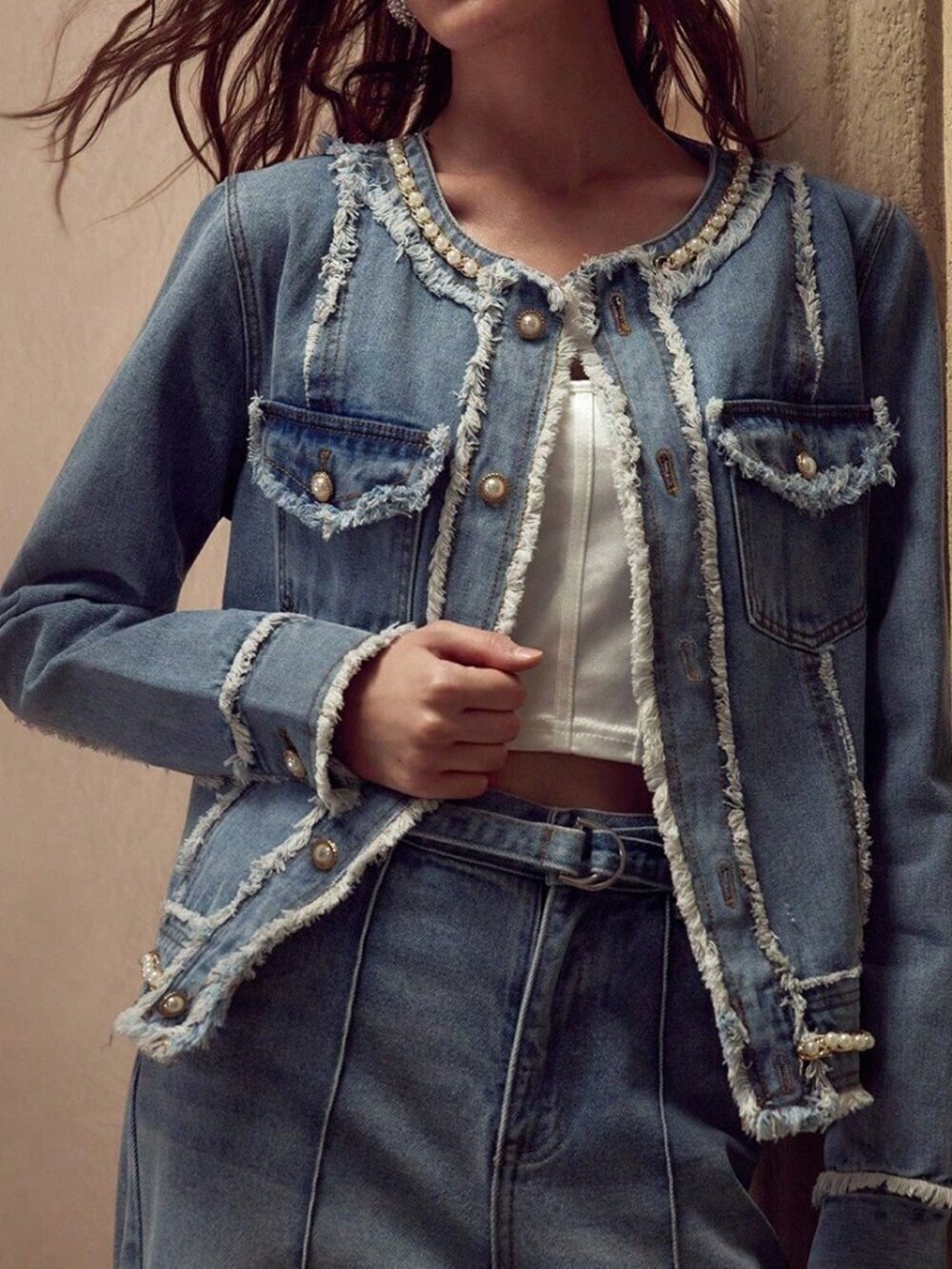 Blue Casual Women's Faux Pearl Chain Detail Raw Edge Flap Pocket Denim Jacket